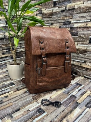 Vintage brauner Kunstleder Rucksack PC-Halter mit USB - Herren Damen