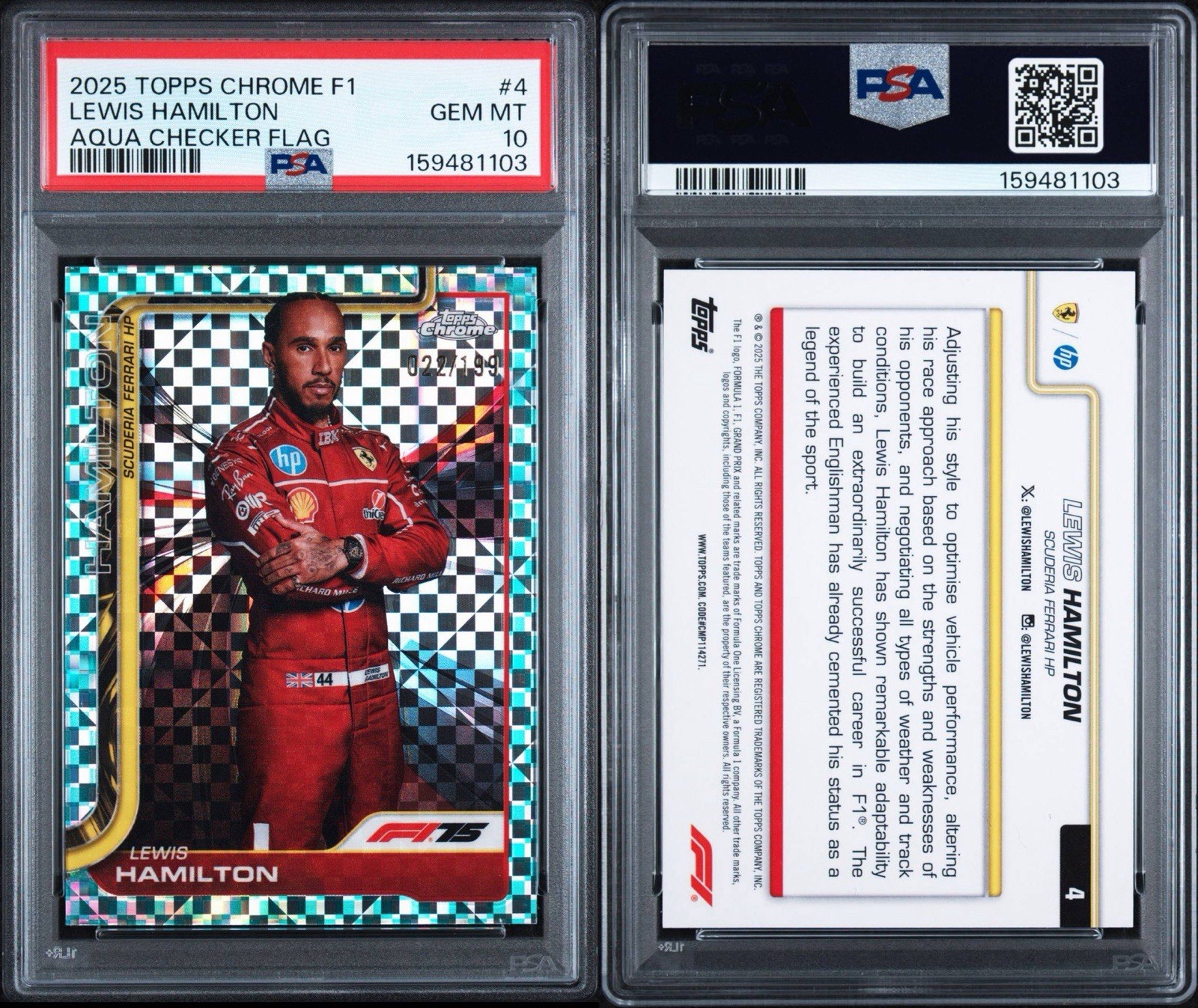 2025 Topps Chrome Formula 1 - Lewis Hamilton #4 Aqua Checker Flag /199 PSA 10 view 3
