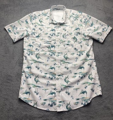 IZOD Saltwater Shirt Mens Small White Marlin Print Short Sleeve Button Casual