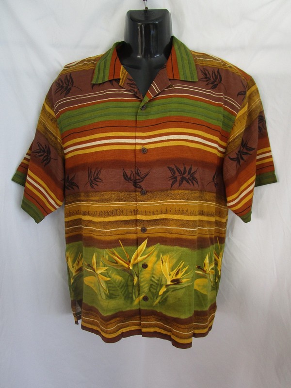 Tommy Bahama Floral Hawaiian Mens Size M Silk Striped Brown Multicolor Tropical
