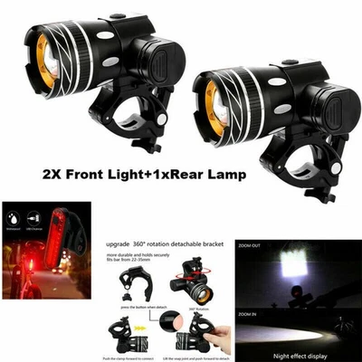 2PCS Rechargeable LED Mountain Bike Lights Bicycle Torch Front Rear Lamp Set