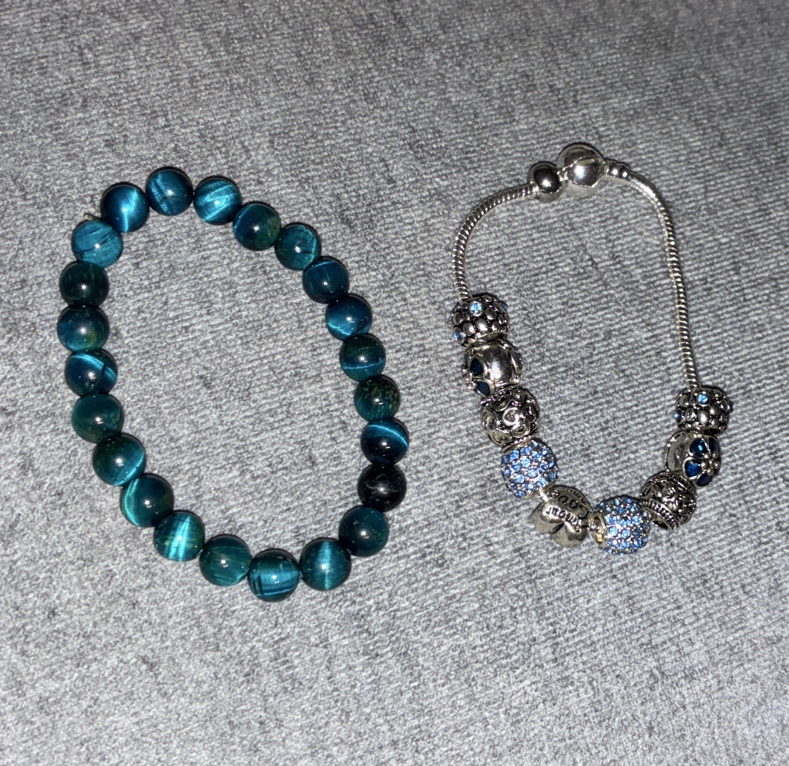 Lot of 2: Blue Glass Beaded Stretch + Silver-Tone Snake Chain Charm Bracelet