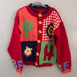 Winnie The Pooh Bear Vintage Disney Patchwork Knit Cardigan Sweater Kids L USA