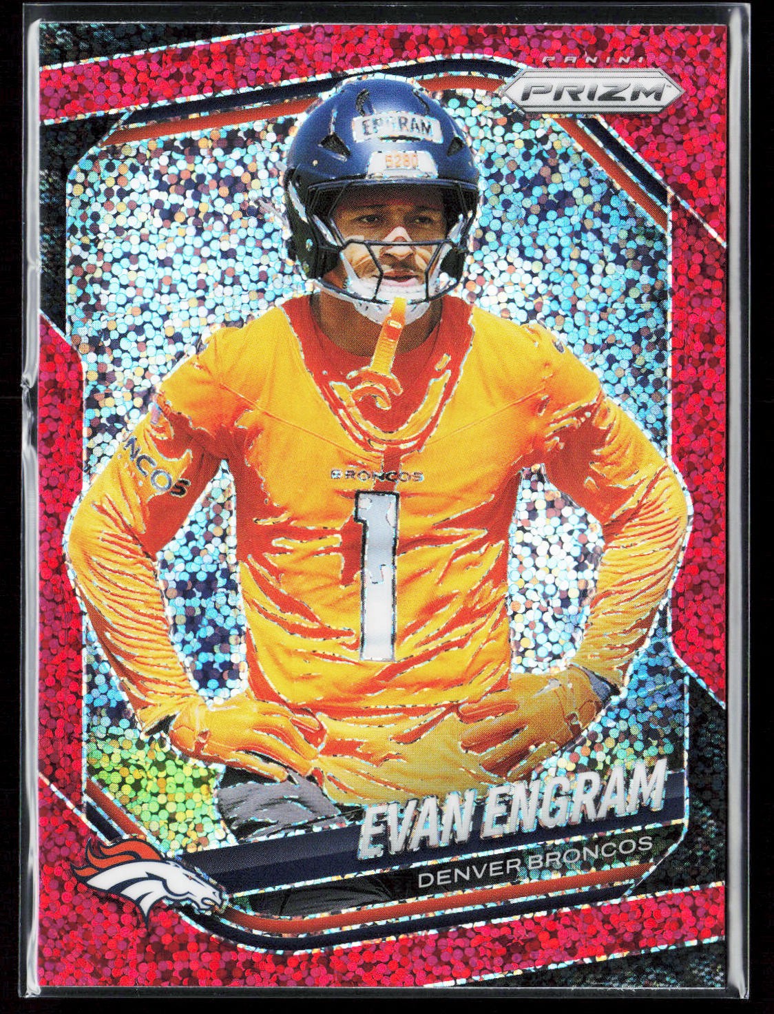 Evan Engram 2025 Panini Prizm Red Sparkle #277 Denver Broncos