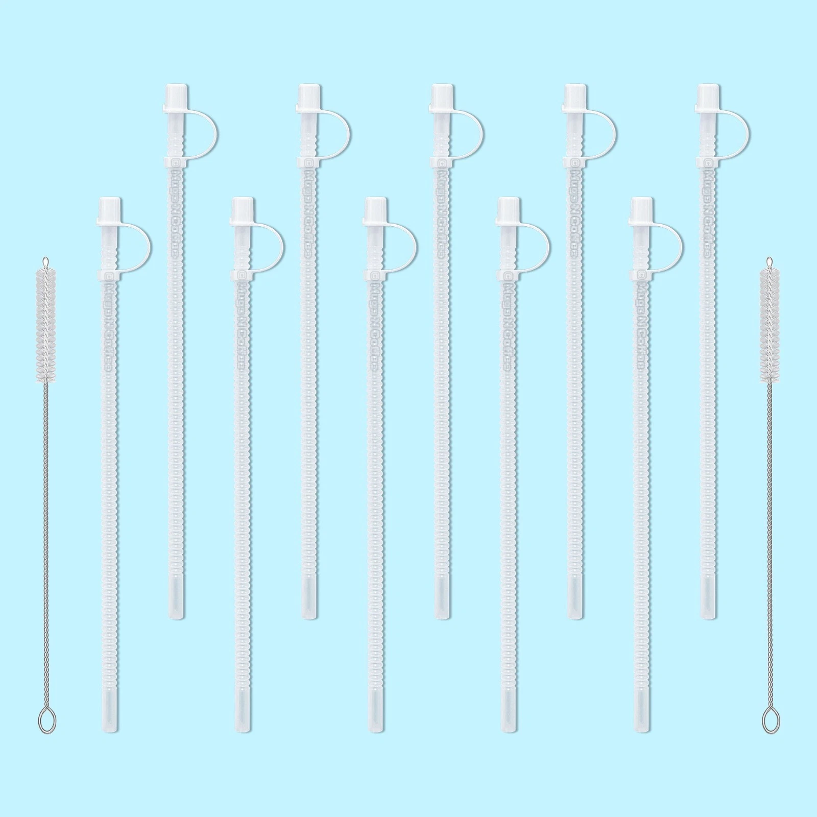 13 inch Flexible Corrugated Straws with Caps and Cleaning Brushes - Made in USA