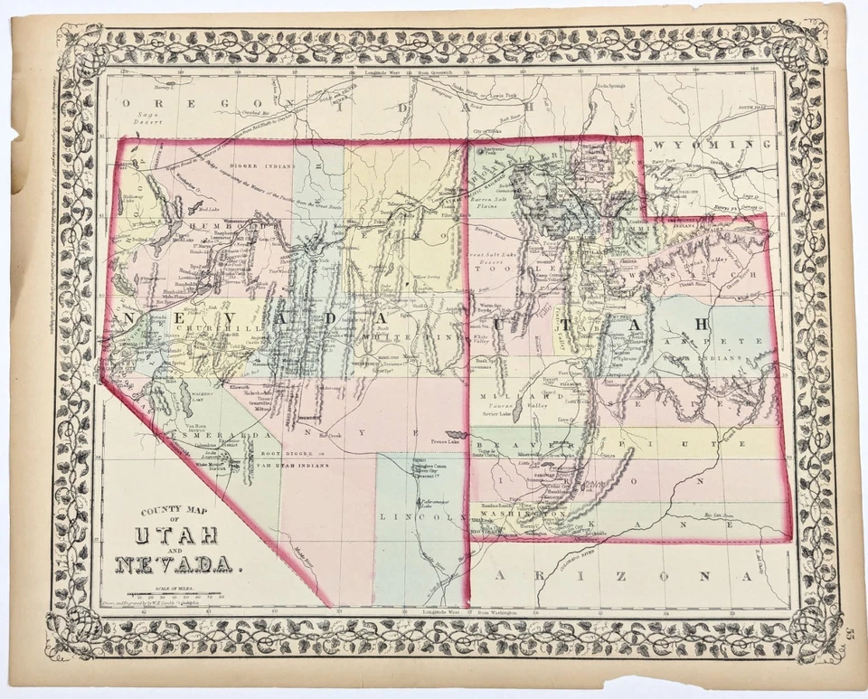 1875 NEVADA - TERRITORIO UTAH Mapa ORIGINAL (14x11,25) Mitchell RAILROADS COUNTY Foto 2 de 3