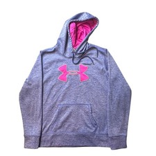 Under Armour Hoodie Womens Medium Blue Pink Big Logo Pullover Space Dye Fleece
