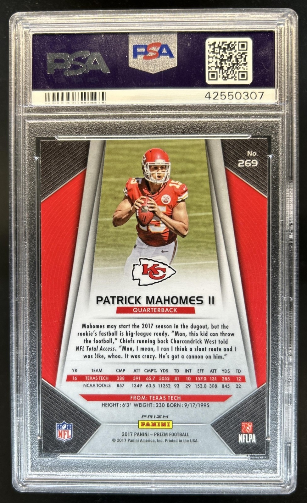 2017 Panini Prizm Patrick Mahomes II RC Rookie #269 Chiefs PSA 10 GEM MINT view 2