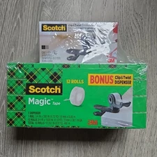 3M Scotch Magic Tape, 12-count 3/4in X 1500in each NEW TAPE bonus Clip