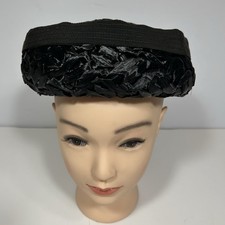 Vtg 60s Women Pillbox Hat Union Made Raffia Glazed Straw Woven Black Bow