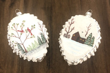 Rauch Woodland Vintage Lot 2 Blown Glass Half-Pinecone Ornaments Winter Scenes