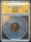 1922 No D FS-401 Strong Reverse Die 2, ANACS VF25 Details Lincoln Wheat Cent