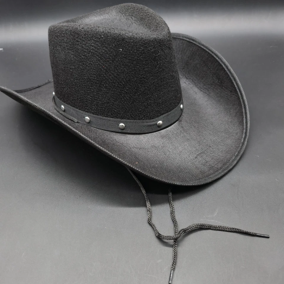 Sombrero de Vaquero Negro Imitación Gamuza Corona Alta Pellizcado Frontal Remache Banda Disfraz Sombrero Foto 4 de 4