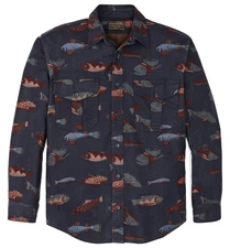 Filson Alaskan Guide Shirt - SMALL - 11012006 Flannel Fish Decoy Navy Print CC