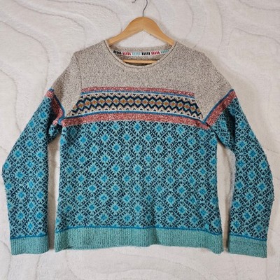 Weird Fish Pullover Fair Isle geometrischer Strick Damengröße 12 türkis blau grün haferflocken