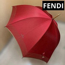 FENDI Zucca Pattern Long Umbrella Wooden Handle Red Authentic Genuine