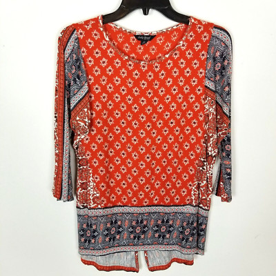 Lucky Brand Women Pastern Block Blouse Top Size M Orange Gray Viscose