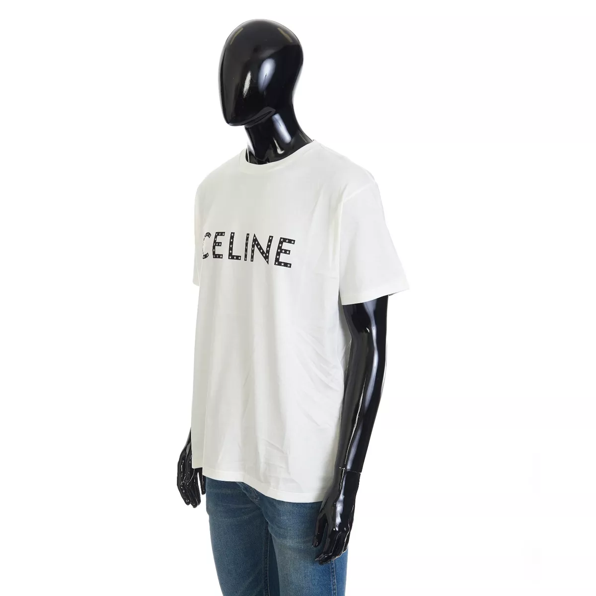 CELINE 750$ T-Shirt With Rhinestone-Studded Logo Print In White