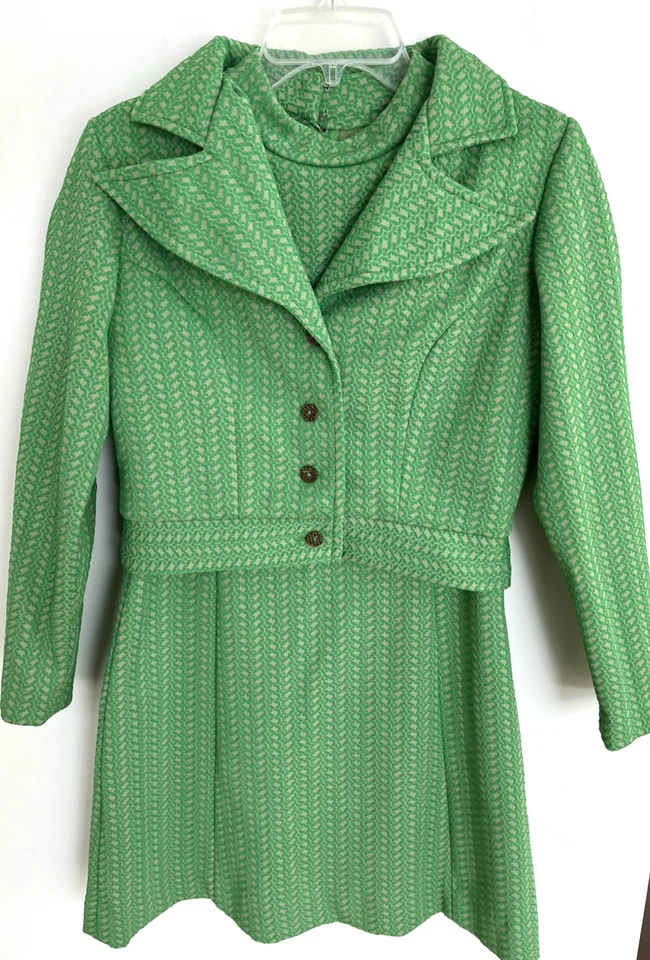 Vtg Mod Kim O'Hare Junior 2 PC Dress Cropped Jacket Green Tan Print Size 11 - Image 2 of 4