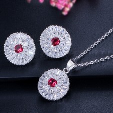Sparkling Zircon Round Pendant Necklace Earrings Women Silver Plated Jewelry Set