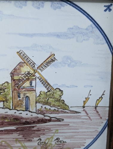 Two Framed Hand Painted Tiles Windmill And Boat Unbranded Wood Frame - Picture 11 of 24