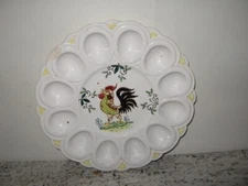 Deviled Egg Plate White With Hand Painted Rooster 9 1/2" Diameter VGC 