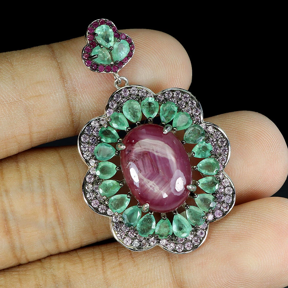 925 Sterling Silber Anhänger Oval Star Rubin 6Rays 11ct Smaragd Schmuck Handmade - Bild 2 von 4