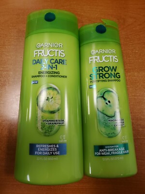 2 Pk: Garnier Fructis Daily Care 2-in-1 22oz. & Grow Strong Shampoo 12.5oz. E7E