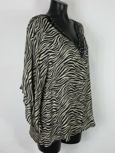 Michael Kors Silk Zebra Jeweled VNeck Blouse Women Asymmetrical Sleeve Sz M - Bild 6 von 8