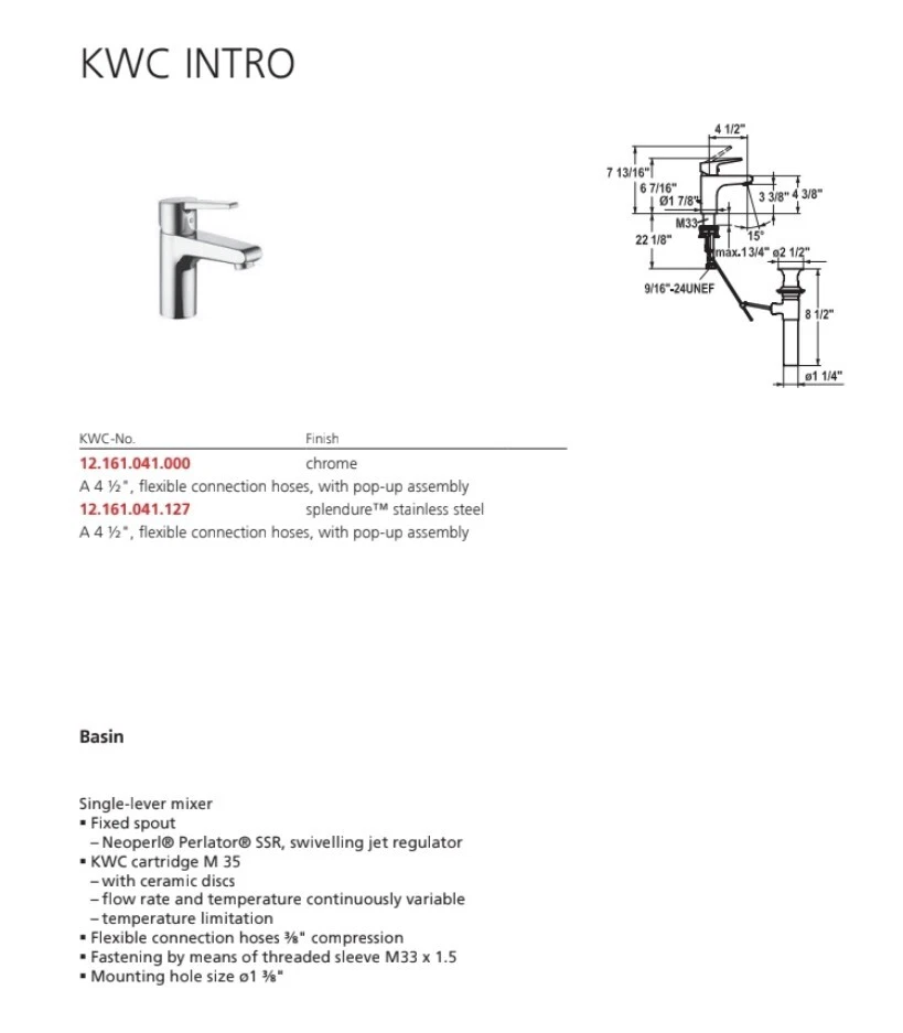 KWC 12.161.041.000 INTRO Grifo de un solo orificio Mezclador de una sola palanca CROMO ¡Nuevo! Foto 3 de 4