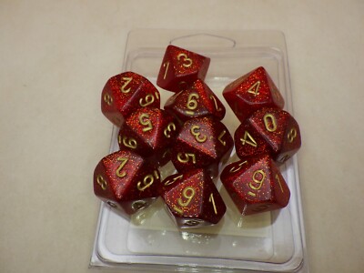 Glitter Ruby Red with Gold 10D10 Chessex Dice Tabletop Roleplay Gaming RPG Games