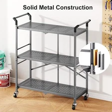 Folding Rolling Cart with Wheels -3 Tier Utility Cart,Metal Service Cart (Large)