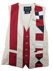Navy blue, red, and cream striped Faconnable vest with gold buttons, front pocket, and “Design by Albert Goldberg” label.