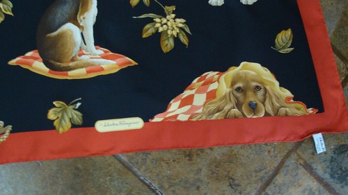 SALVATORE FERRAGAMO,silk scarf, DOG's design, New with box ,unworn - Picture 3 of 12
