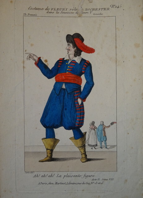 GRABADO COLOR DISFRAZ TEATRO MARTINET IMPERIO HOMBRE HENRI V MOSQUETERO 1810