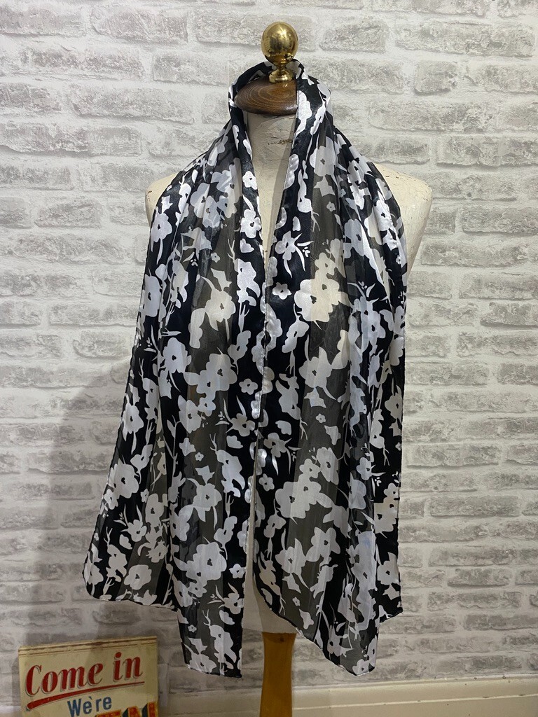 MATALAN scarf satin chiffon sheer accent black silver tones rectangle S353