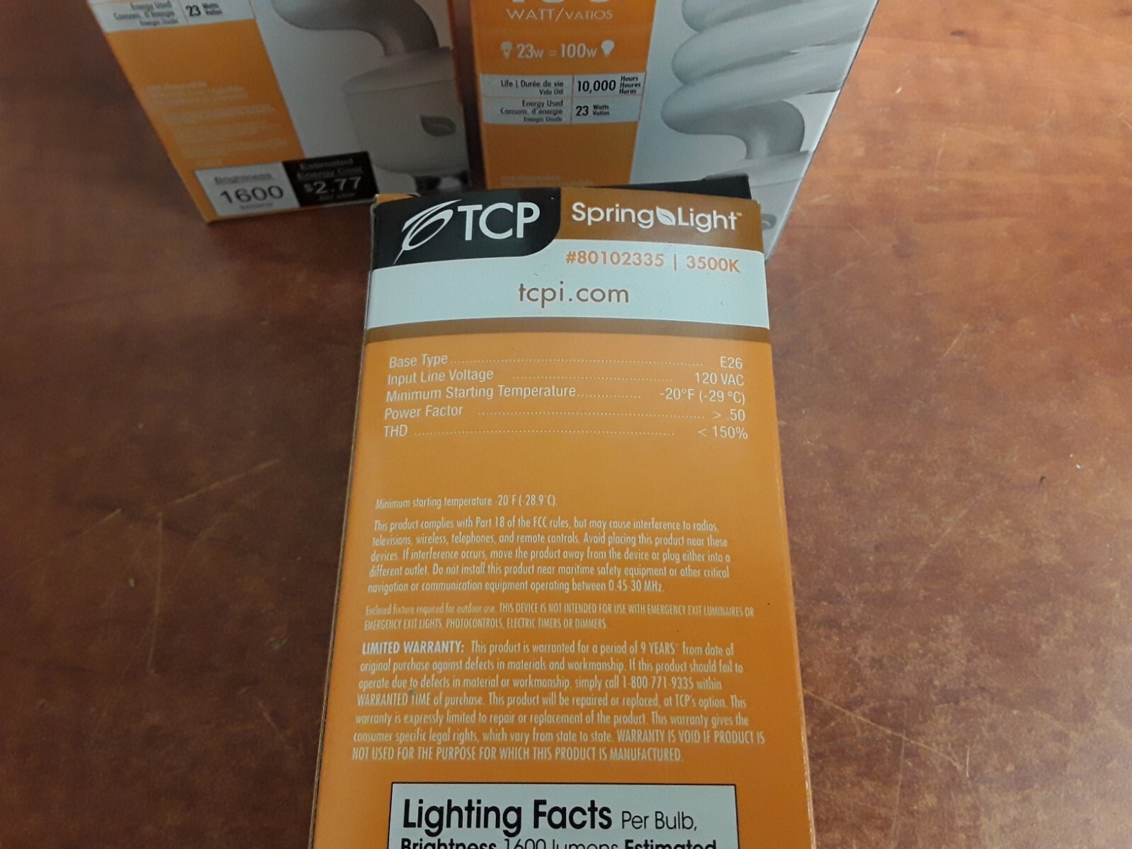 TCP SpringLight Bulbs, #80102335 3500K, 23W=100W 1600Lumens 120V, Lot of 4