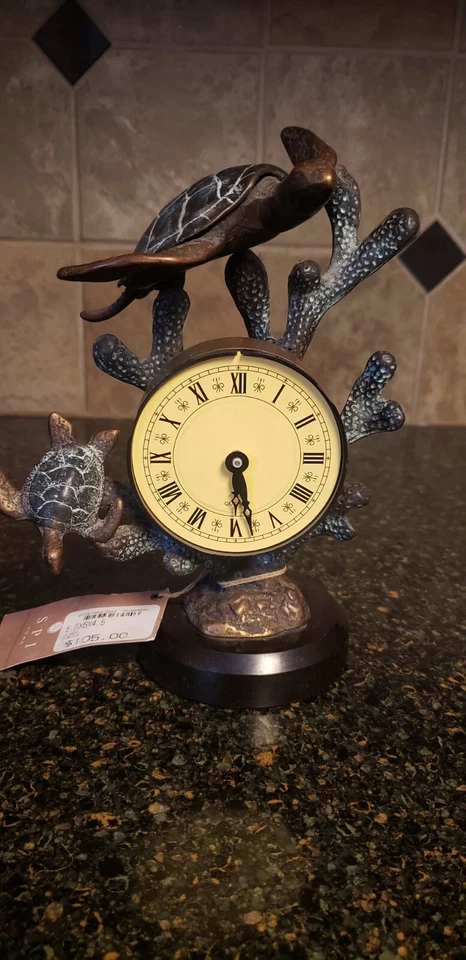 Stunning Brass Frame Marble Base Coastal Turtle Tabletop Clock Home Decor - Image 2 of 4