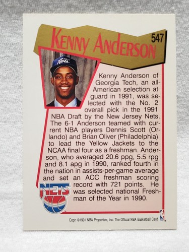 1991-92 NBA Hoops Kenny Anderson #547 (RC) New Jersey Nets - Picture 2 of 2