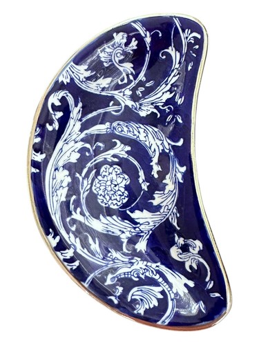 Bombay Company Floral Blue White Silver Crescent Bone Trinket Dish 6" x 3.5"