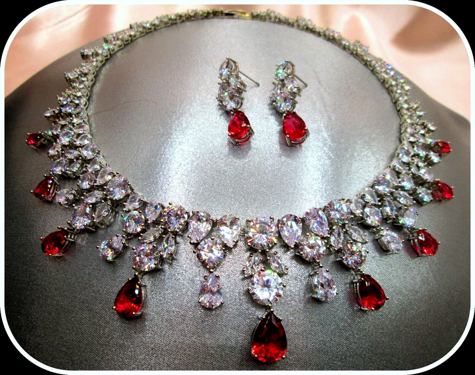 Ruby pear cut gemstone ladies Necklace Earrings Set For Brides And Weddings - Image 2 of 4