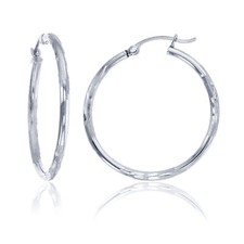 2mm X 30mm 1 1/4" Shiny Diamond Cut Round Hoop Earrings REAL 14K White Gold