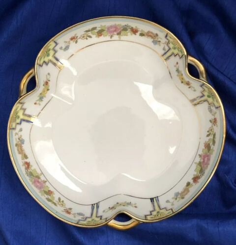 MARUKI KOMARU ART NOUVEAU DECO BOWL CLOVER SHAPED W GILDED HANDLES ca 1910s RARE
