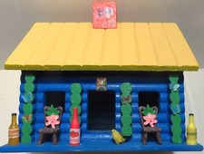 Decorated Painted Log Cabin Birdhouse From Unfinished Wood 7.75" x 6.375" x 5.8"