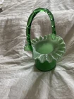 VINTAGE 1950’s FENTON GLASS GREEN OVERLAY TOP HAT BASKET