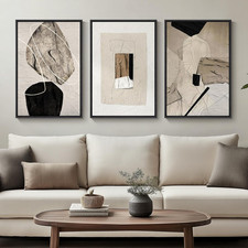 Set of 3 Framed Neutral Abstract Canvas Prints for Modern Home Decor