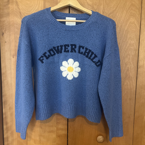 Women’s Daisy Flower Child NWT Blue Sweater Size Medium Flower Power