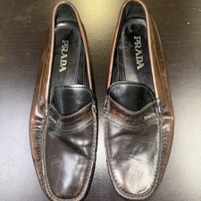 Prada Brown Leather Moccasin Shoes Loafers US 9 mens made Italy