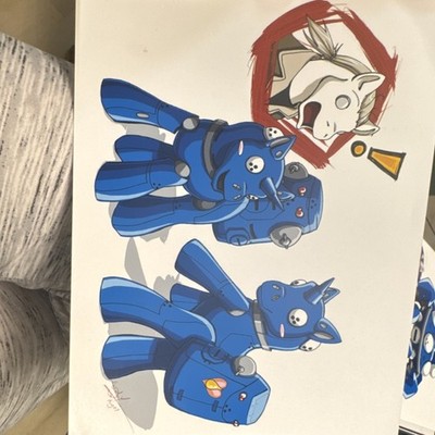 Aug07 Signed Animation Drawing Blue Robot Unicorn & Horse Illustration