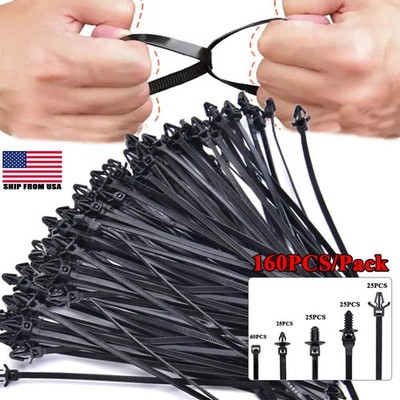 160PCS Car Push Mount Cable Zip Tie Nylon Self Locking Cable Strap Kits 5 Kinds